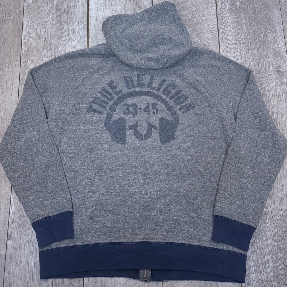True Religion Graphic Hoodie Mens Size XL Gray DJ Raglan Full Zip World Tour